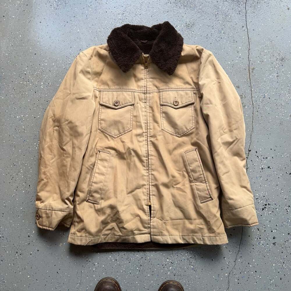 Vintage 1970s William Barry Faux Fur Lined Jacket Coat Tan Size 38